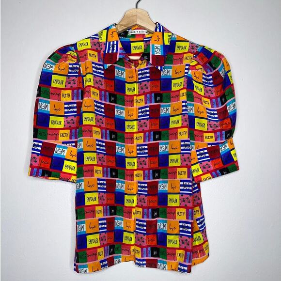 Alice + Olivia Willa Scrunched Puff Sleeve Placket Top/Blouse Size Medium - Picture 3 of 9